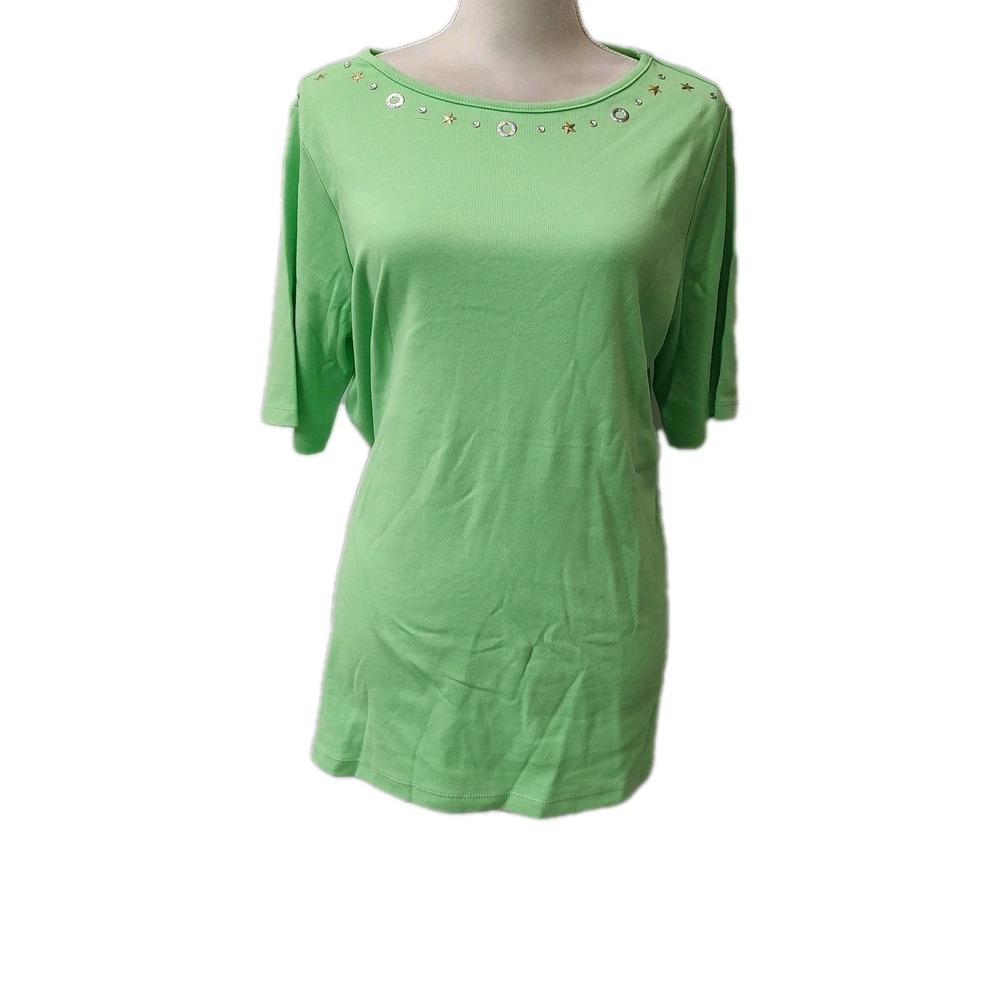 Quacker Factory by Jeanne Bice Women's Large Green Embellished Top Stars Circles